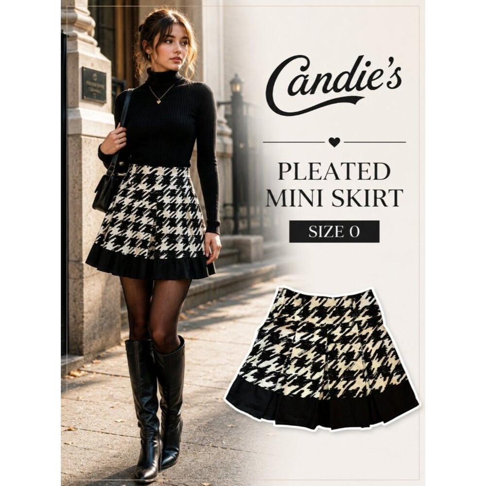 Candie's Pleated Mini Skirt Size 0 Black White Houndstooth Ruffle Hem Y2K